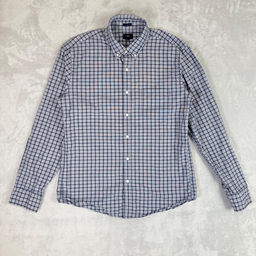 J.Crew Button Down Shirt Men Large L Grey Blue Plaid Slim Fit Long Sleeve Cotton